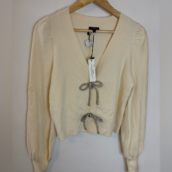 Express Holiday Bow Rhinestone Cardigan Cream - Picture 2 of 11